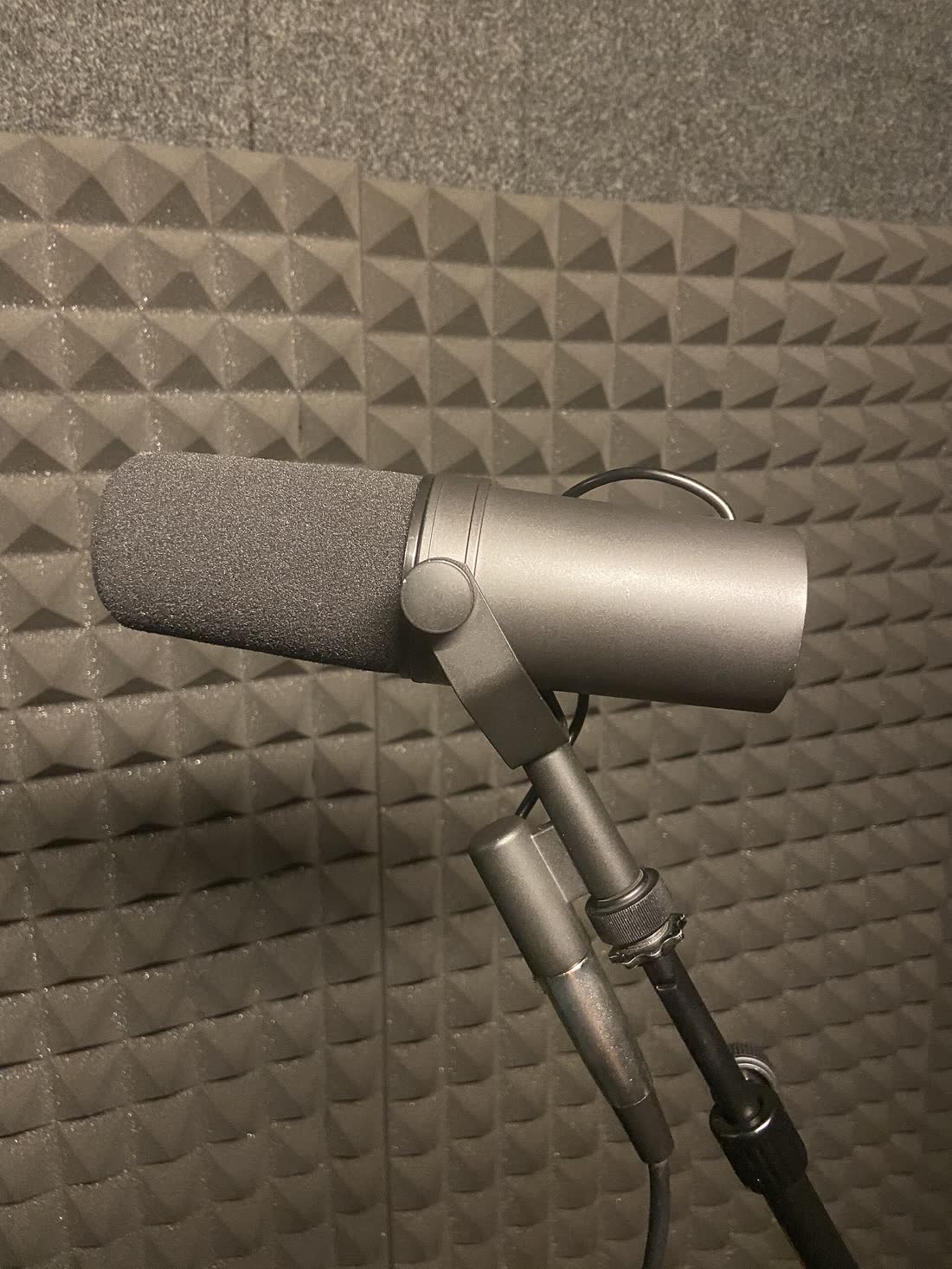 Studijos mikrofonas prieš akustinio putplasčio sieną